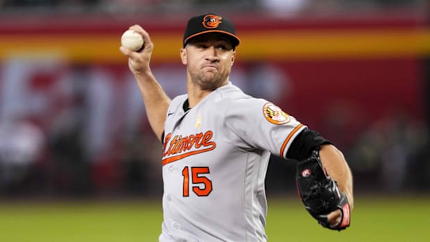Former Orioles pitcher Jack Flaherty throws a pitch.